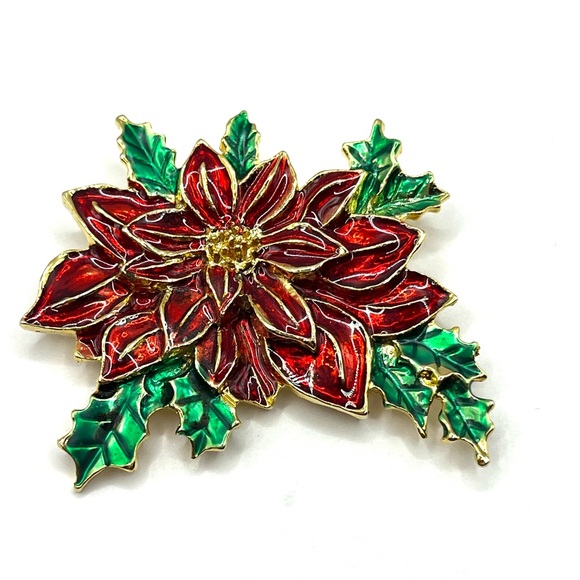 Festive Red and Green Poinsettias and Red Sled Christmas Tree Brooches - Picture 5 of 9